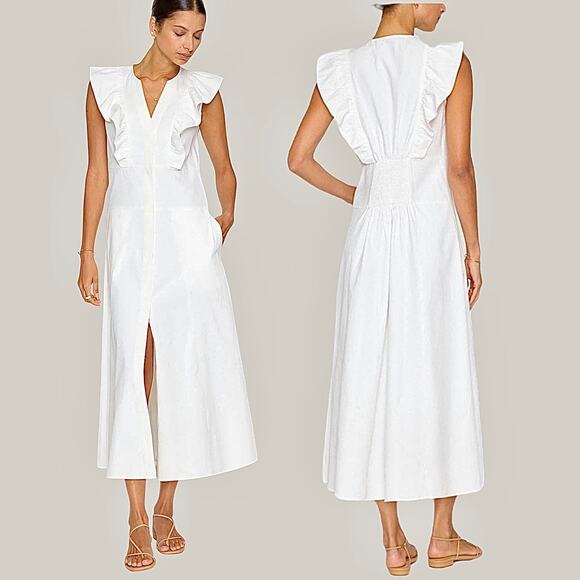Brochu Walker The Aurora Ruffle Midi Dress Pockets Cotton White Size L - Picture 2 of 12